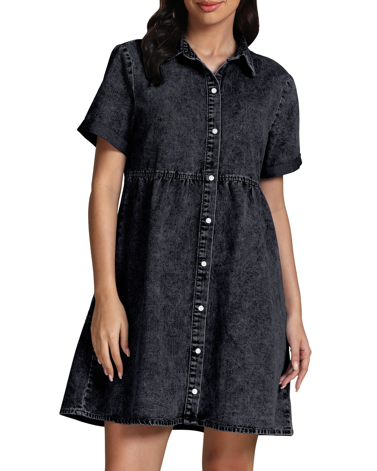 StrapCore Women's Short Sleeve Casual Babydoll Tiered Button A Line Denim Dress