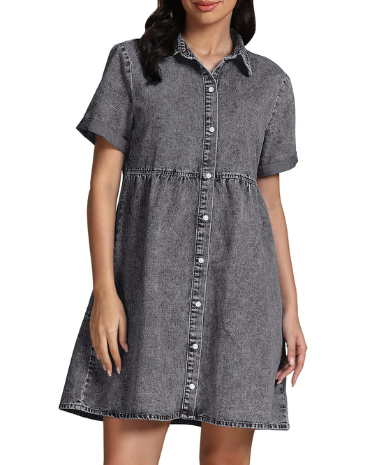 StrapCore Women's Short Sleeve Casual Babydoll Tiered Button A Line Denim Dress
