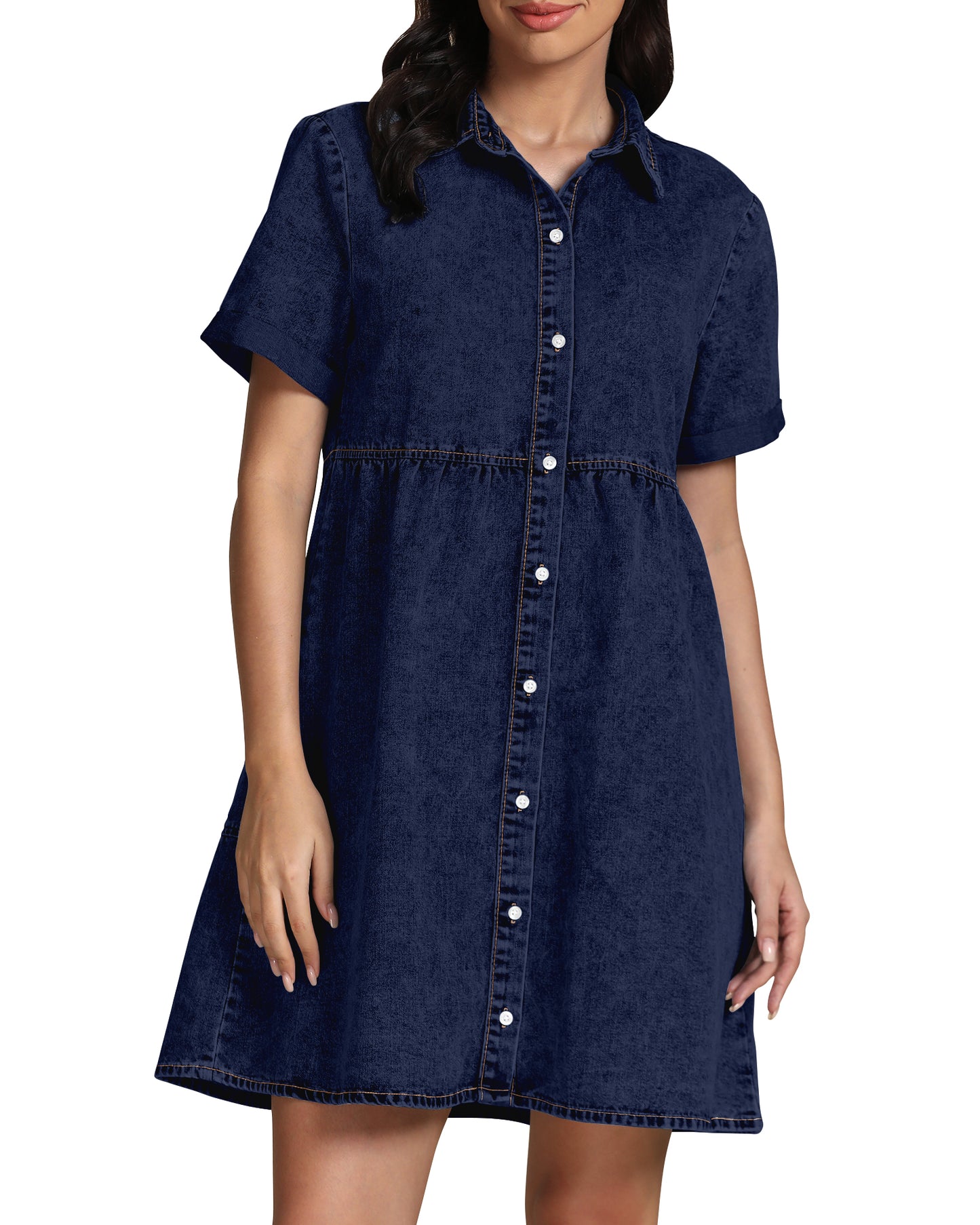 StrapCore Women's Short Sleeve Casual Babydoll Tiered Button A Line Denim Dress