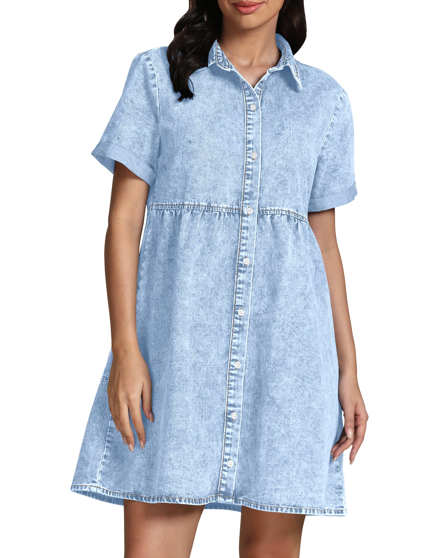 StrapCore Women's Short Sleeve Casual Babydoll Tiered Button A Line Denim Dress