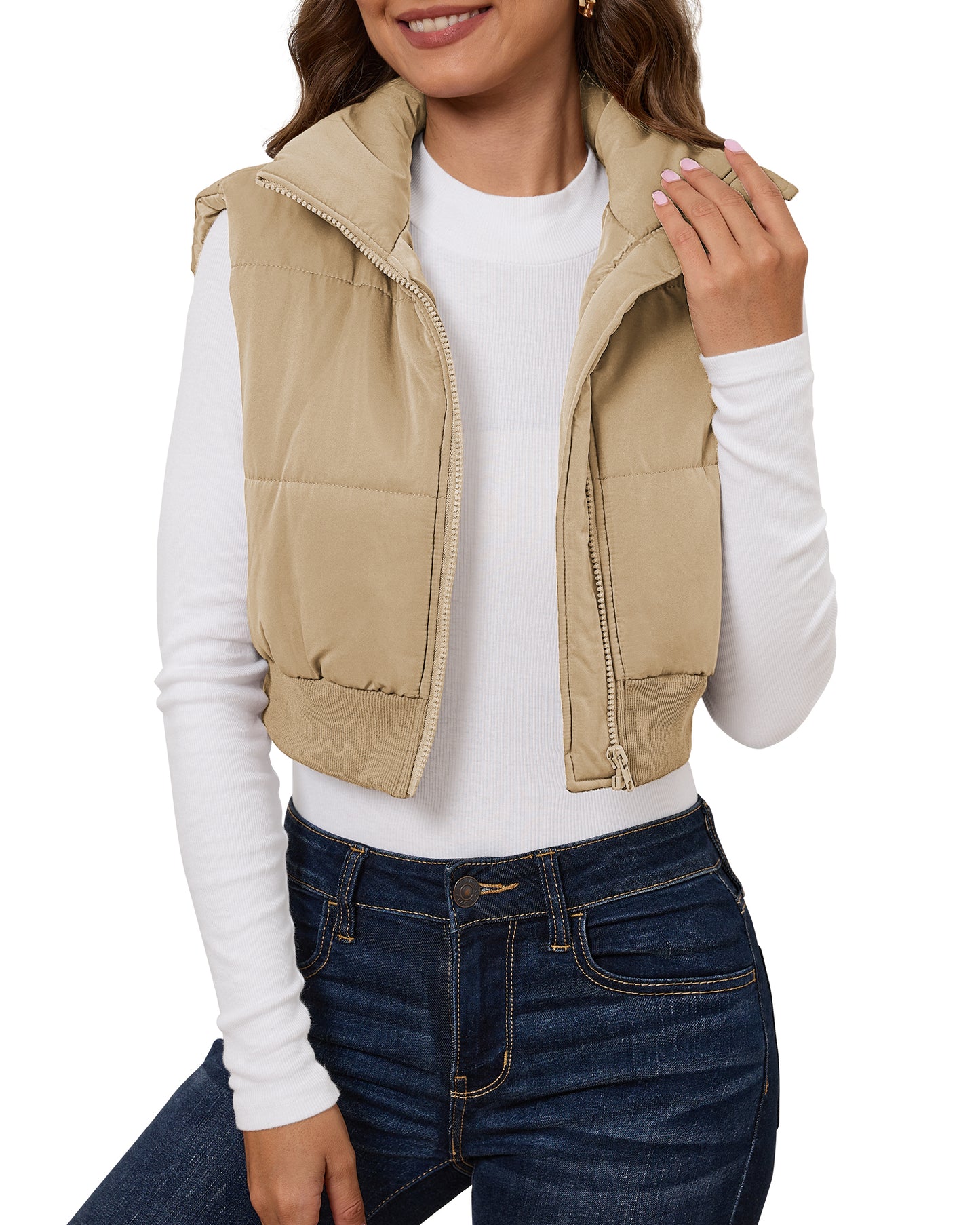 StrapCore Vest for Women's Lightweight Patchwork Sleeveless High Neck Puffer Cropped Outerwear