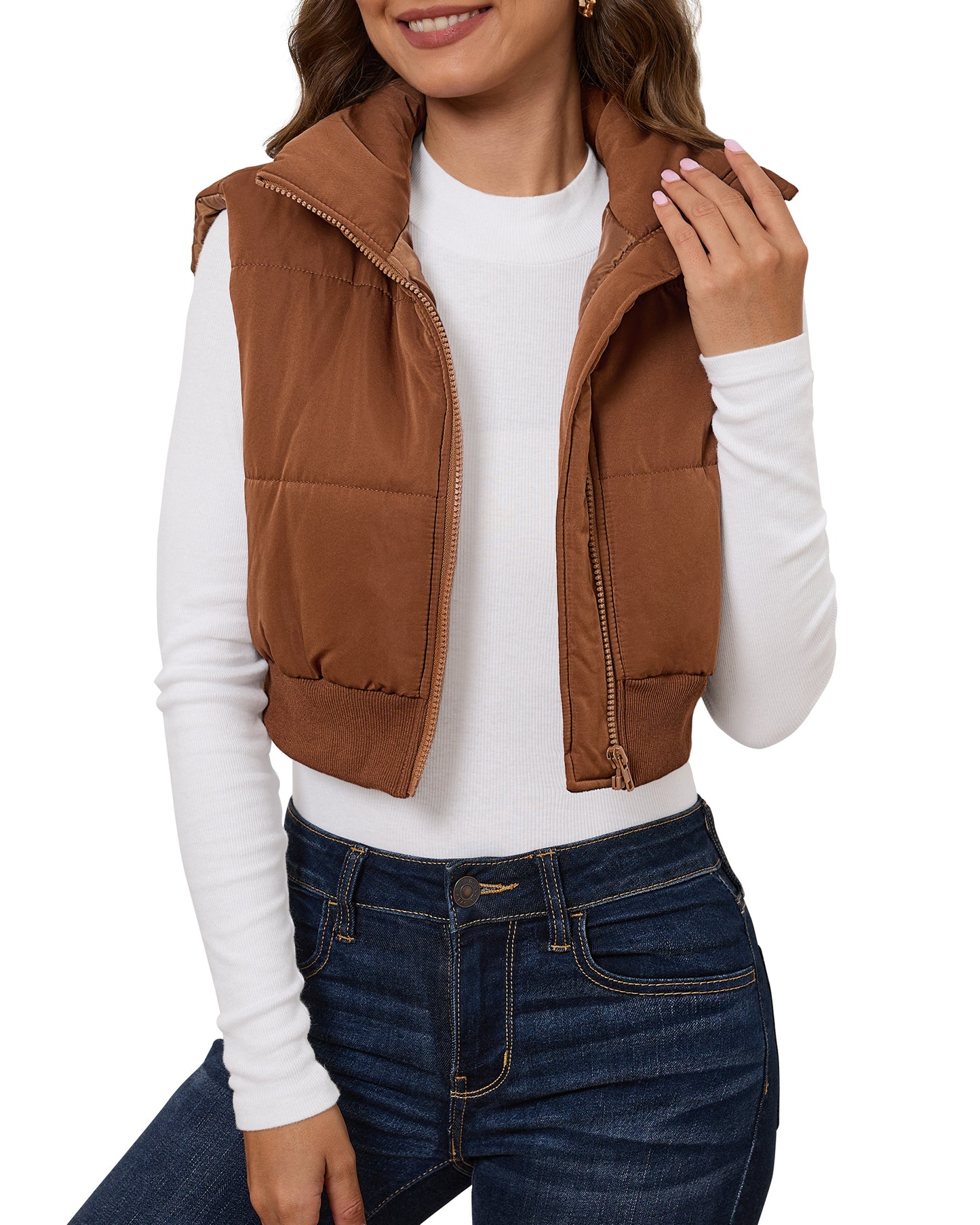 StrapCore Vest for Women's Lightweight Patchwork Sleeveless High Neck Puffer Cropped Outerwear