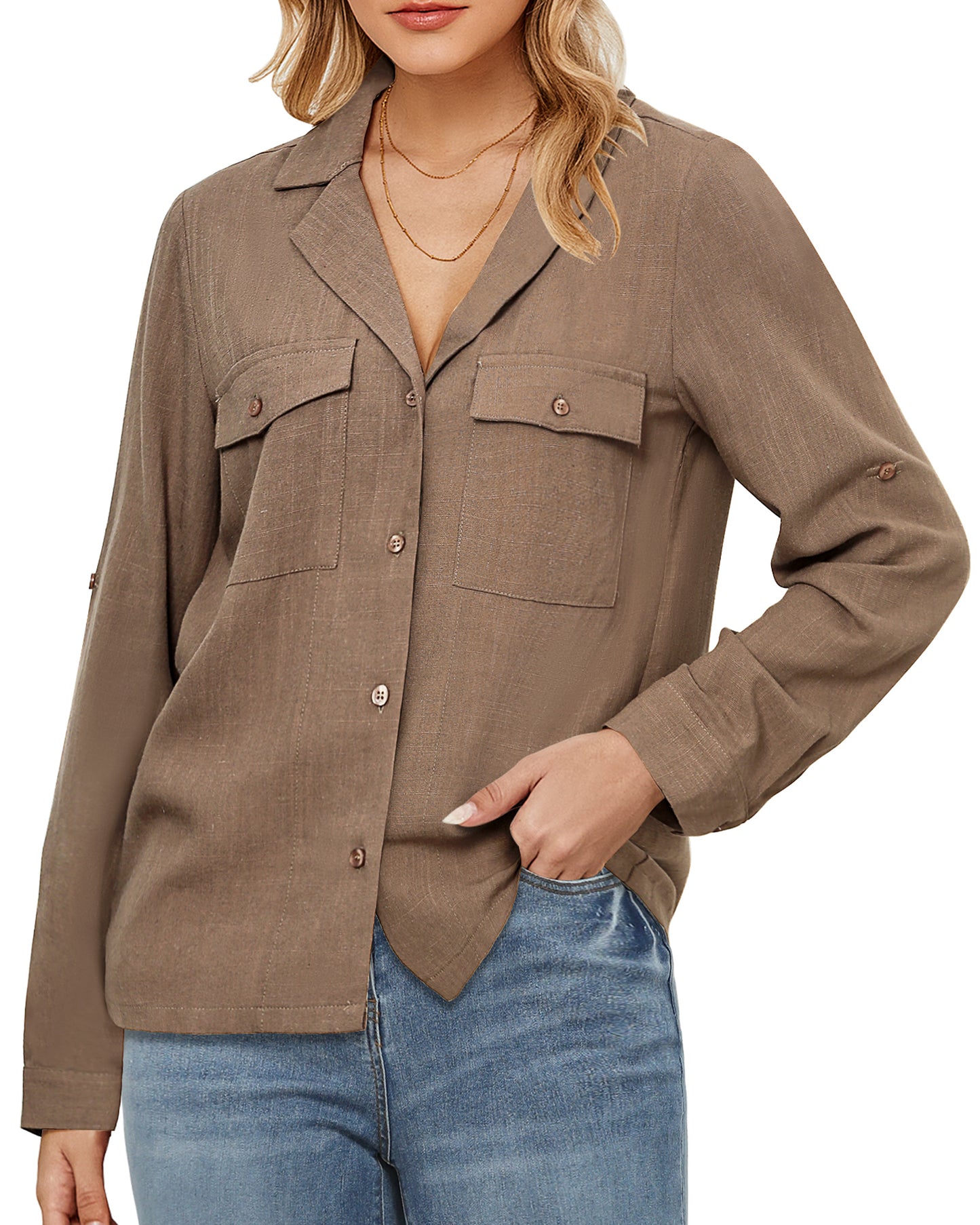 StrapCore Women's Basic Casual Linen Shirt Top Long Sleeve Loose Solid Color Summer Blouse