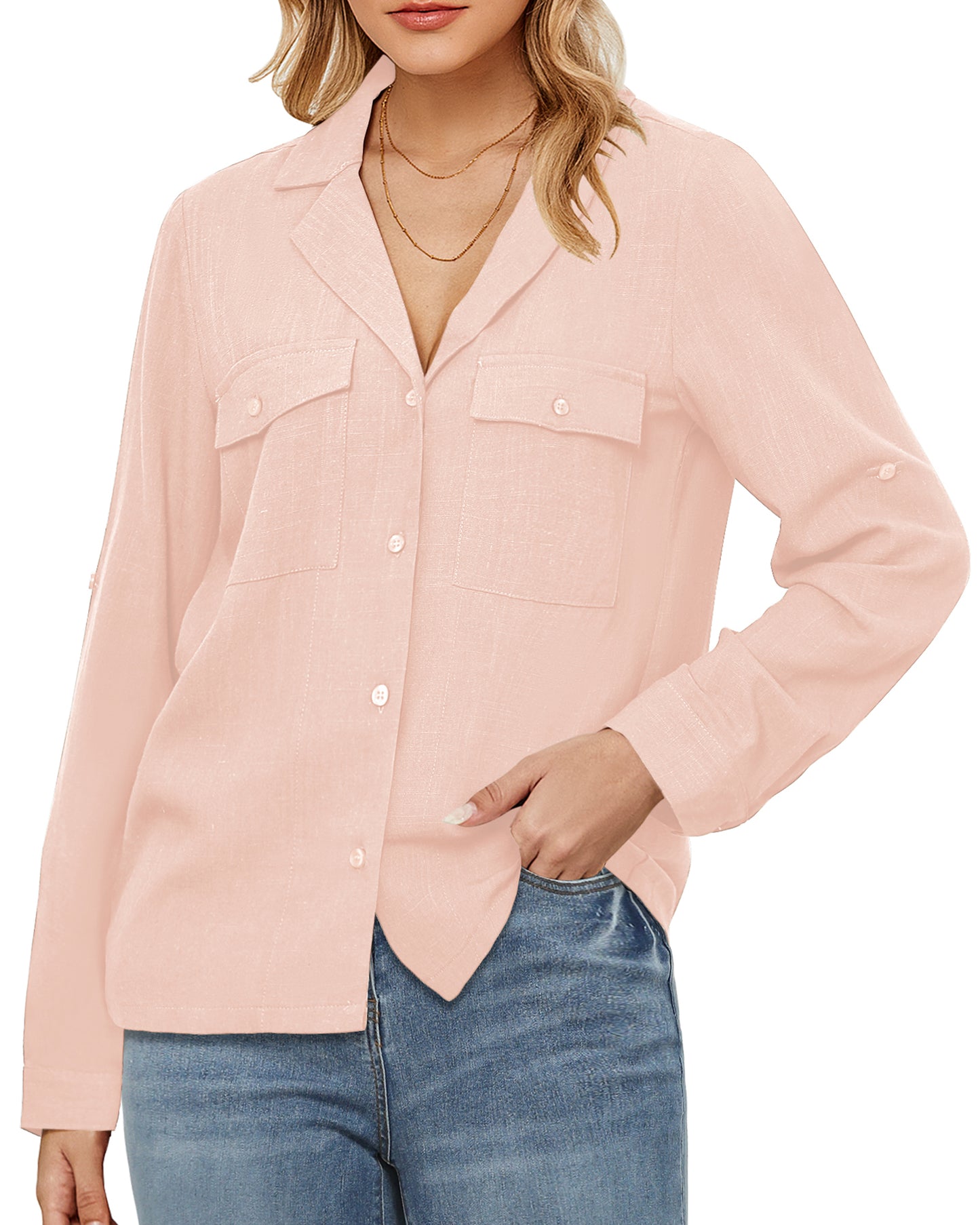 StrapCore Women's Basic Casual Linen Shirt Top Long Sleeve Loose Solid Color Summer Blouse