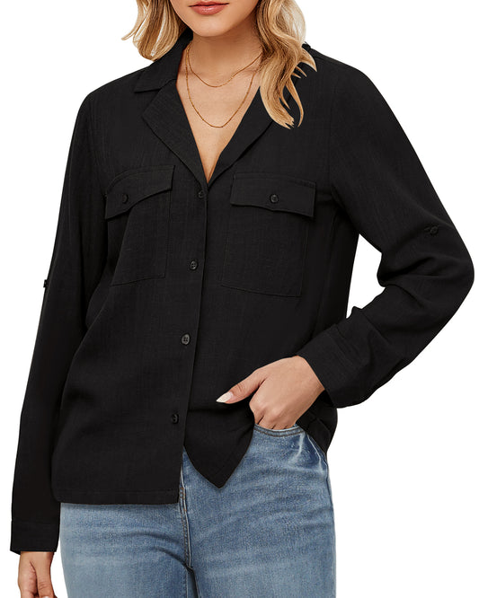 StrapCore Women's Basic Casual Linen Shirt Top Long Sleeve Loose Solid Color Summer Blouse