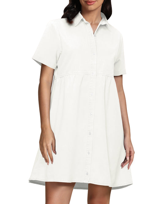 StrapCore Women's Short Sleeve Casual  Babydoll Tiered Button  A Line Denim Dress
