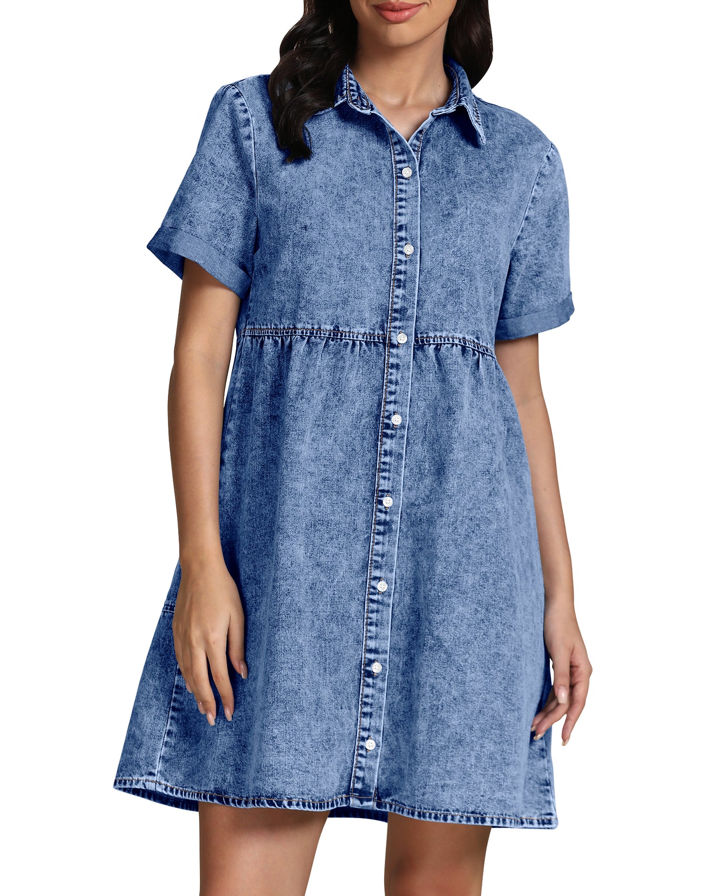 StrapCore Women's Short Sleeve Casual  Babydoll Tiered Button  A Line Denim Dress