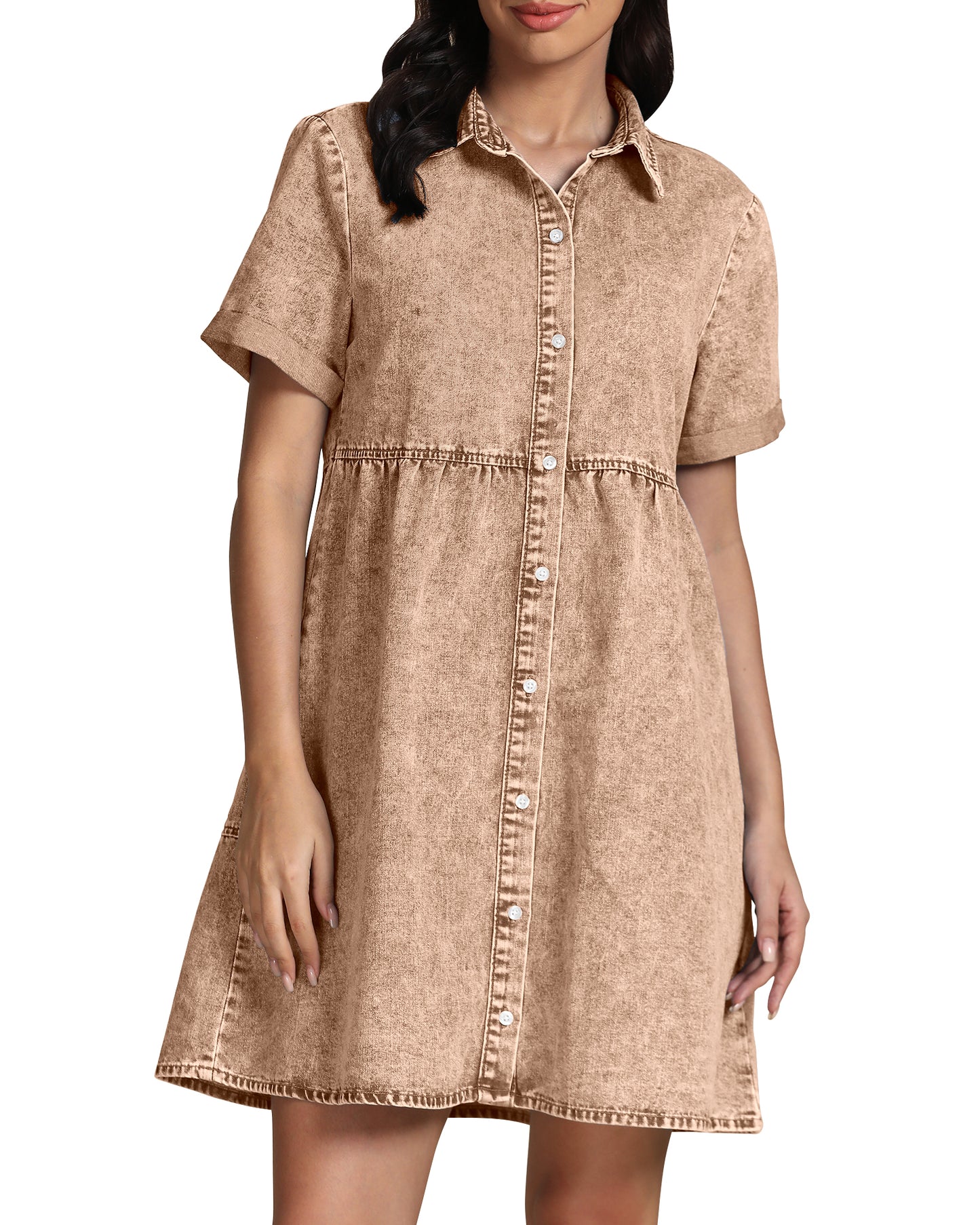 StrapCore Women's Short Sleeve Casual  Babydoll Tiered Button  A Line Denim Dress