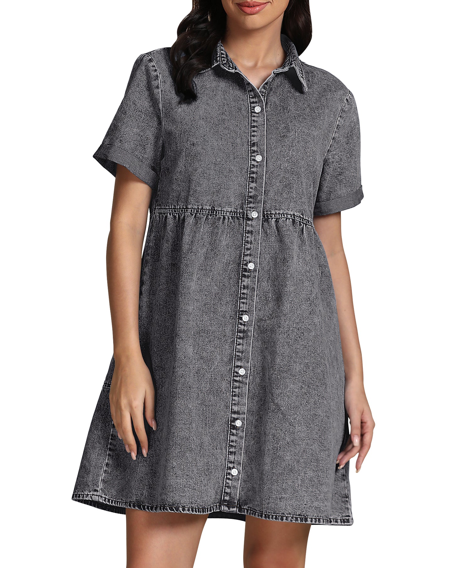 StrapCore Women's Short Sleeve Casual  Babydoll Tiered Button  A Line Denim Dress