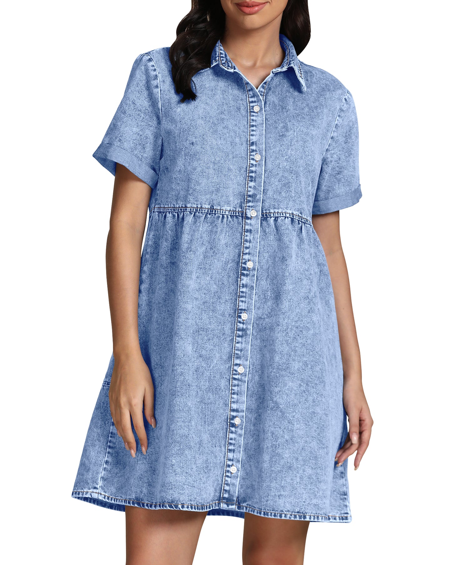 StrapCore Women's Short Sleeve Casual  Babydoll Tiered Button  A Line Denim Dress