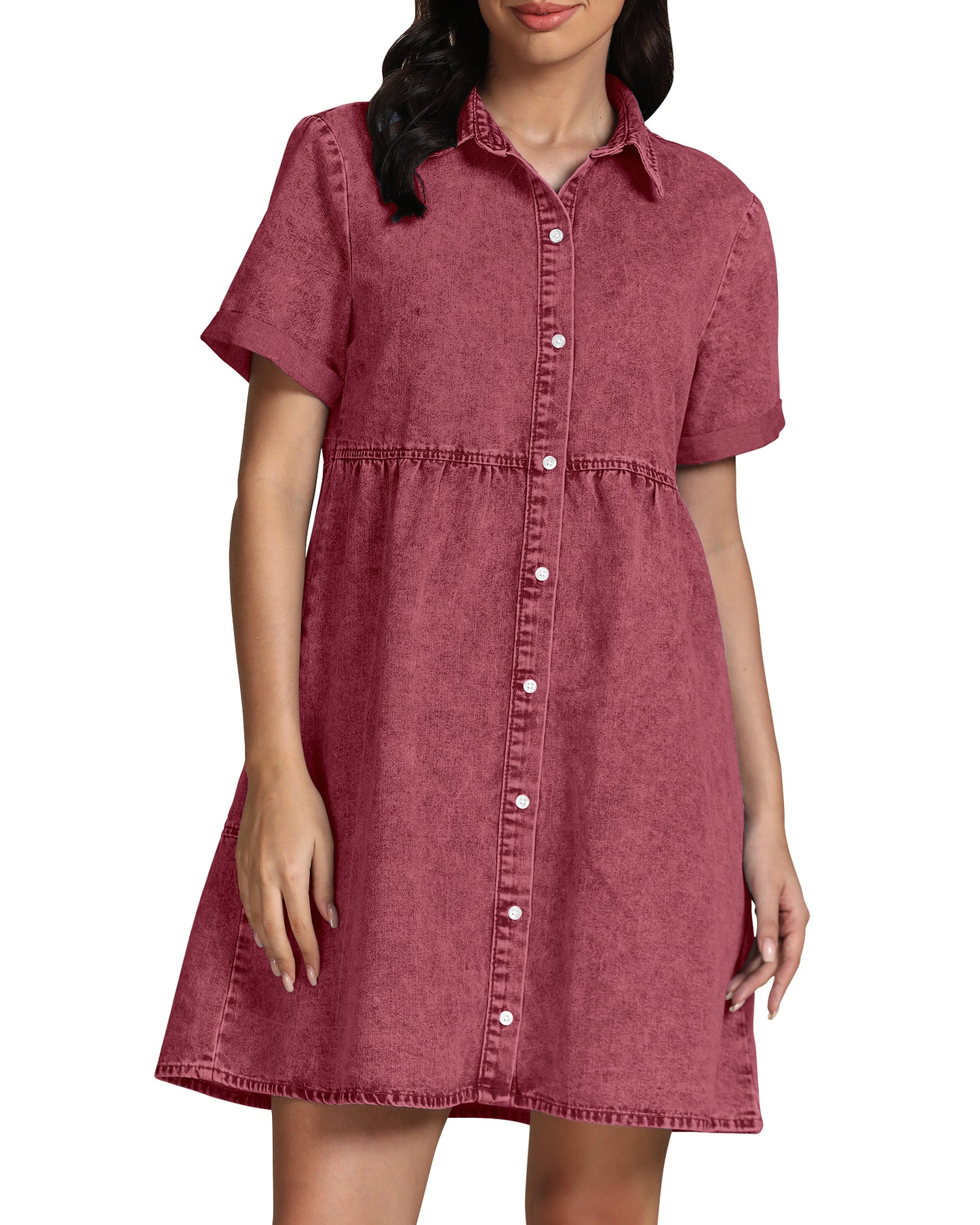 StrapCore Women's Short Sleeve Casual  Babydoll Tiered Button  A Line Denim Dress