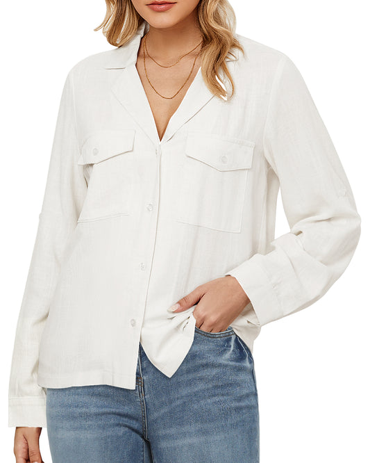 StrapCore Women's Basic Casual Linen Shirt Top Long Sleeve Loose Solid Color Summer Blouse