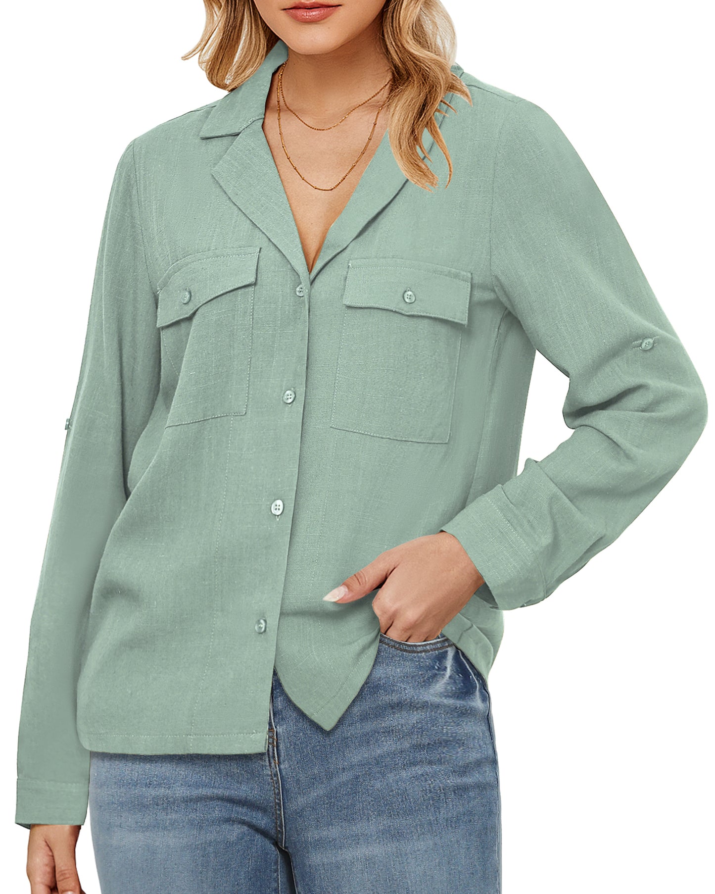 StrapCore Women's Basic Casual Linen Shirt Top Long Sleeve Loose Solid Color Summer Blouse