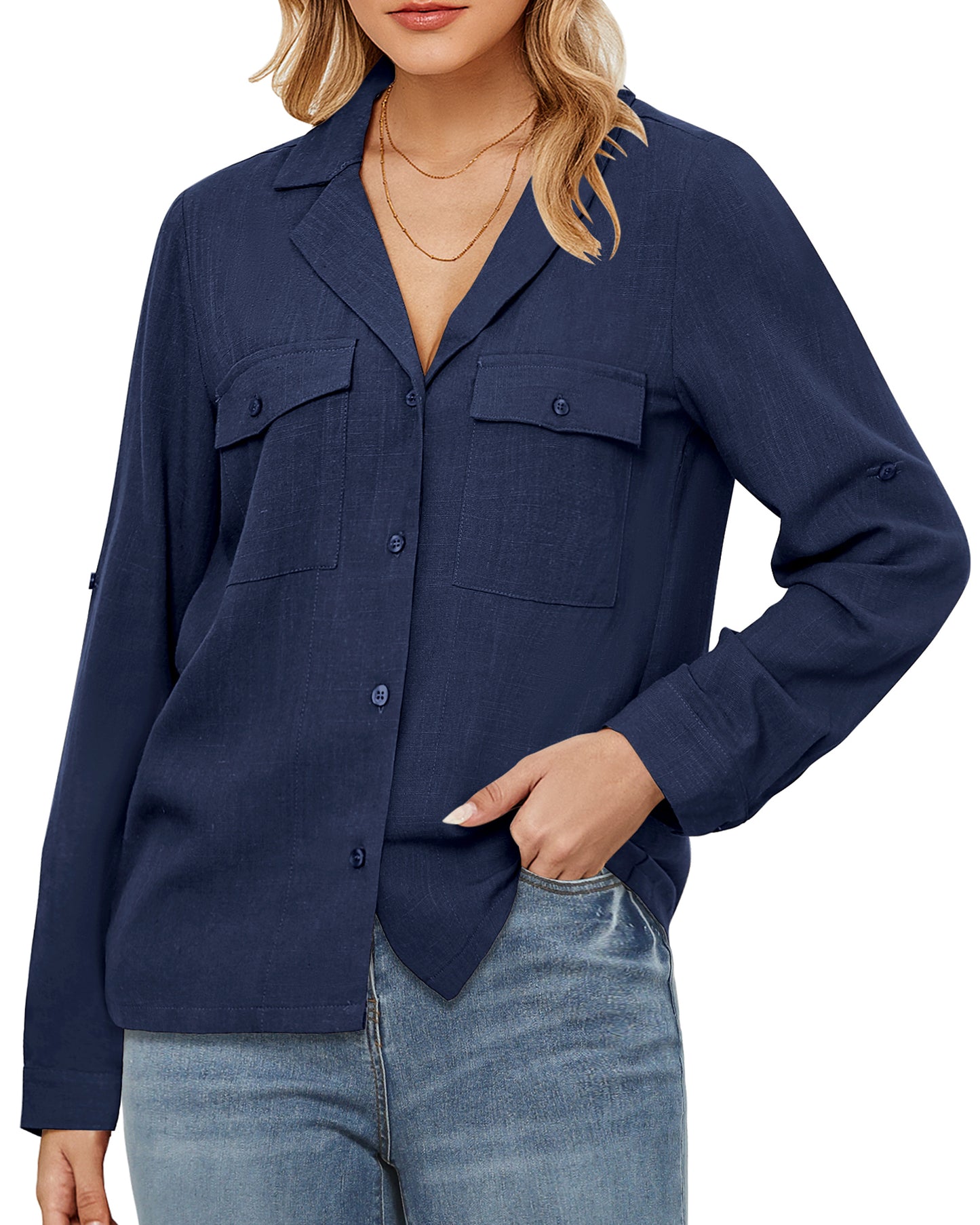 StrapCore Women's Basic Casual Linen Shirt Top Long Sleeve Loose Solid Color Summer Blouse