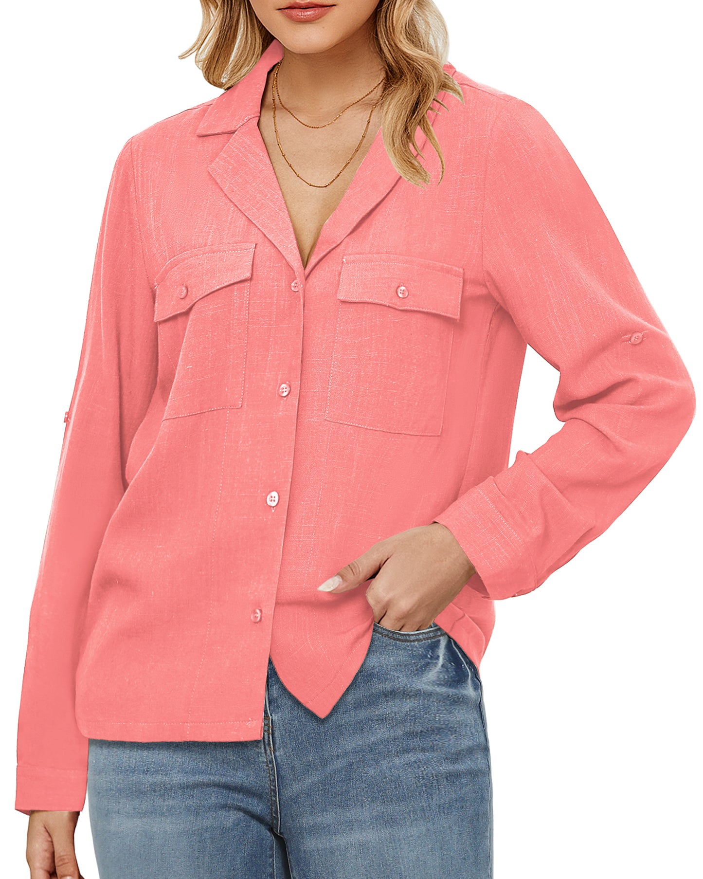 StrapCore Women's Basic Casual Linen Shirt Top Long Sleeve Loose Solid Color Summer Blouse